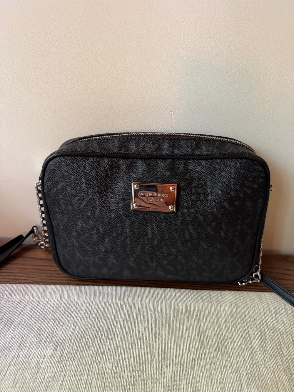 Michael Kors Black Logo Crossbody with Silver Accents